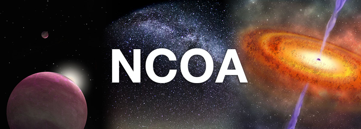 NCOA text with stars, planet and galaxy