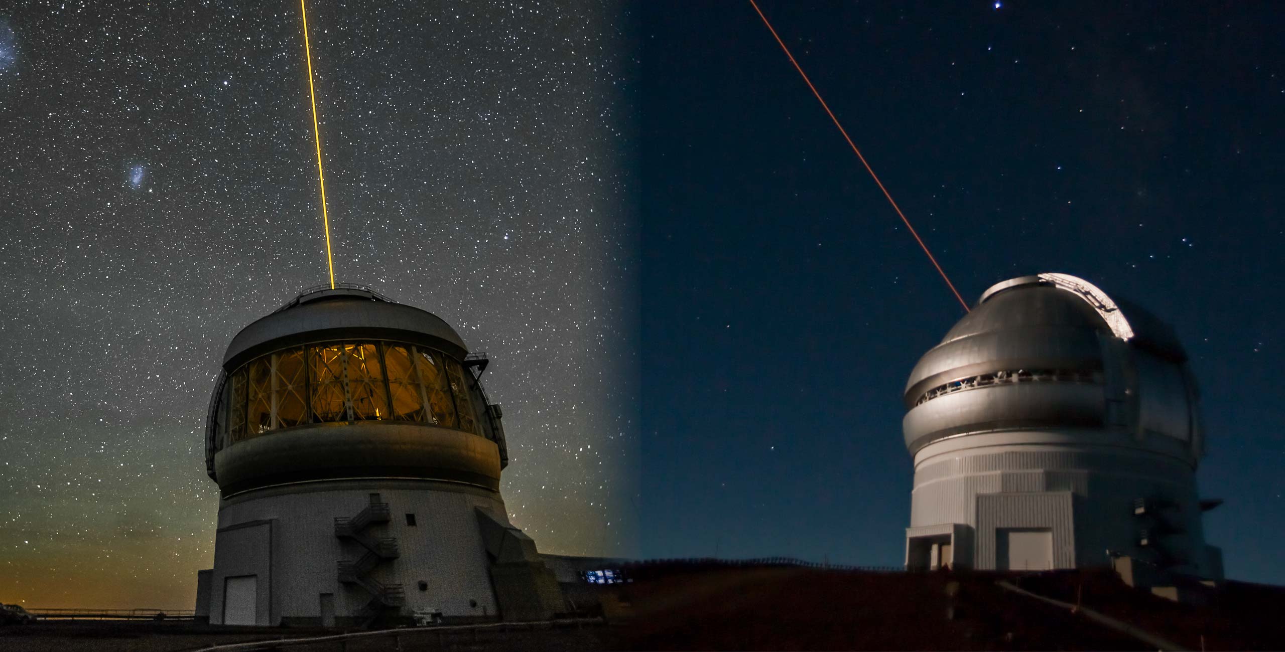 Gemini South on the summit of Cerro Pachón in Chile (left) and Gemini North on the summit of Maunakea in Hawai'i (right). 